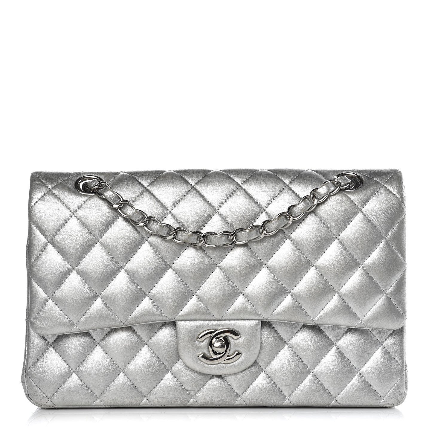 Metallic Lambskin Quilted Medium Double Flap Silver