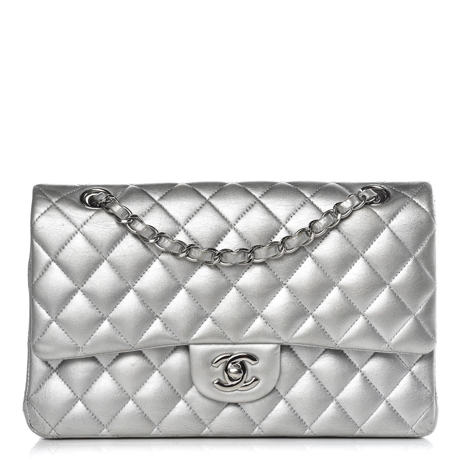 Chanel Metallic Lambskin Quilted Medium Double Flap Silver 1 of 15