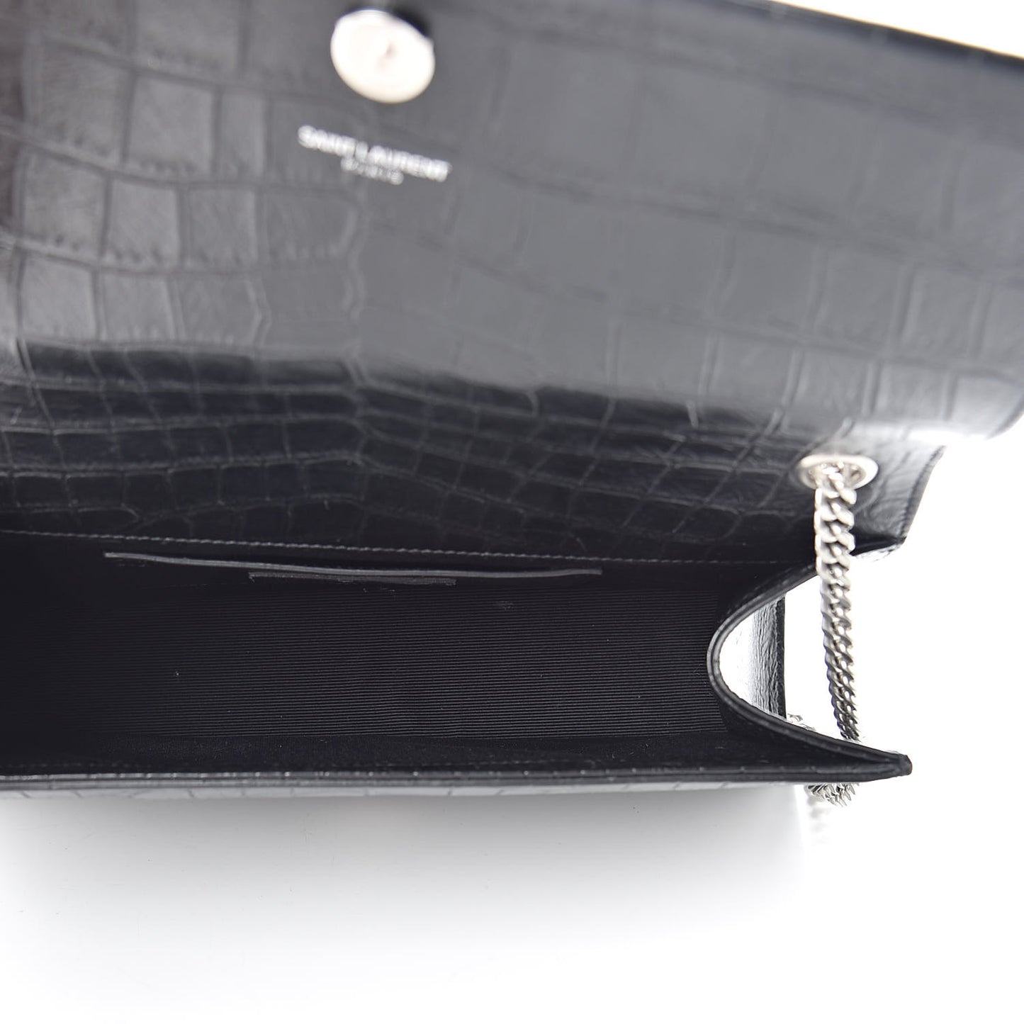 Calfskin Crocodile Embossed Medium Classic Monogram Kate Tassel Satchel Black