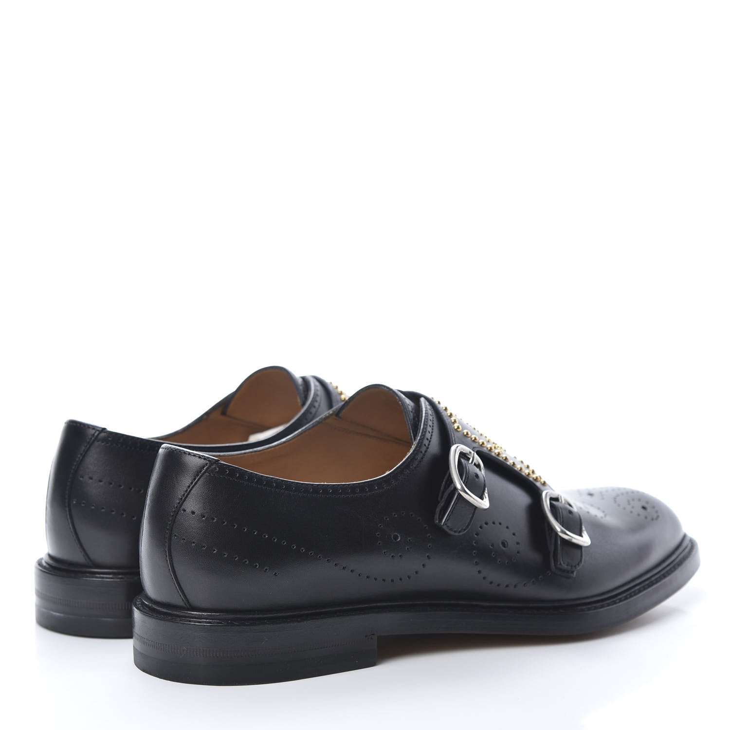 Gucci Calfskin Perforated Studded Mens Medallion Toe Double Monk Strap Loafers 8 Black 4 of 9
