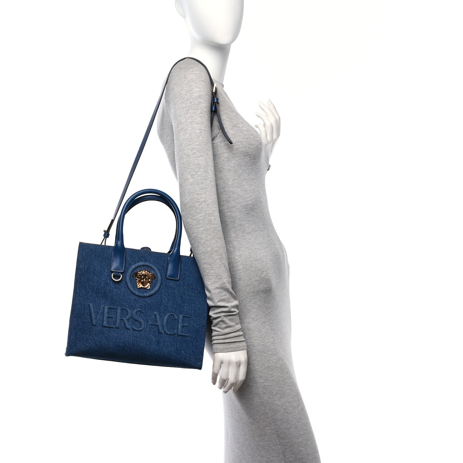 Versace Denim Calfskin La Medusa Small Tote Bag Blue 2 of 10
