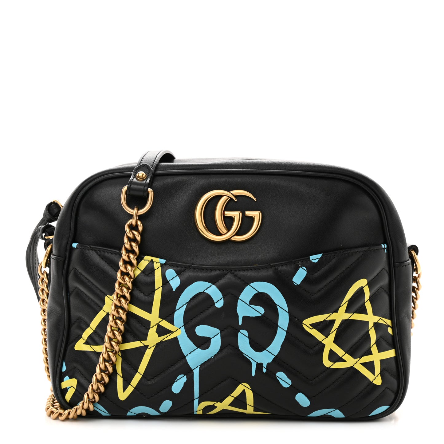 Calfskin Matelasse GucciGhost Medium GG Marmont Chain Shoulder Bag Black New Acquamarine