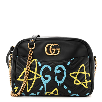 Gucci Calfskin Matelasse GucciGhost Medium GG Marmont Chain Shoulder Bag Black New Acquamarine 1 of 12