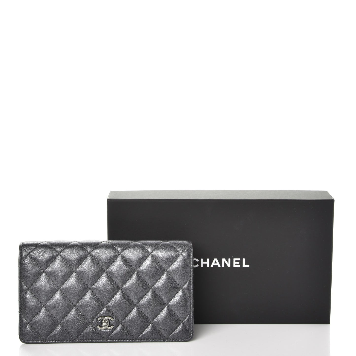 Metallic Calfskin Quilted Yen Wallet Charcoal