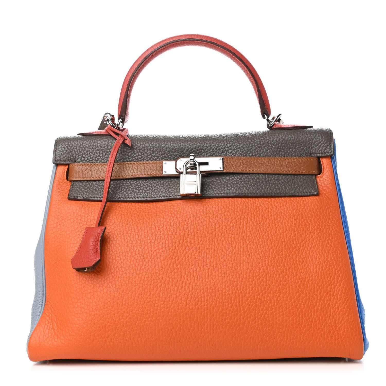 Hermes Taurillon Clemence Arlequin Kelly Retourne 32 Orange Sanguine Gold Bleu Lin Bleu Hydra Etain 1 of 11