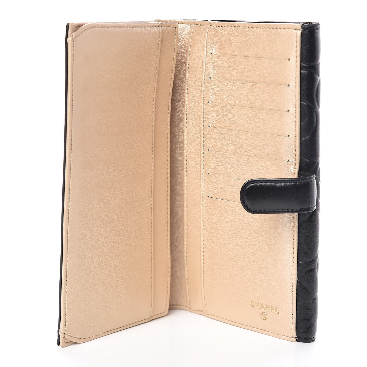 Lambskin Camellia Embossed Long Double Wallet Black
