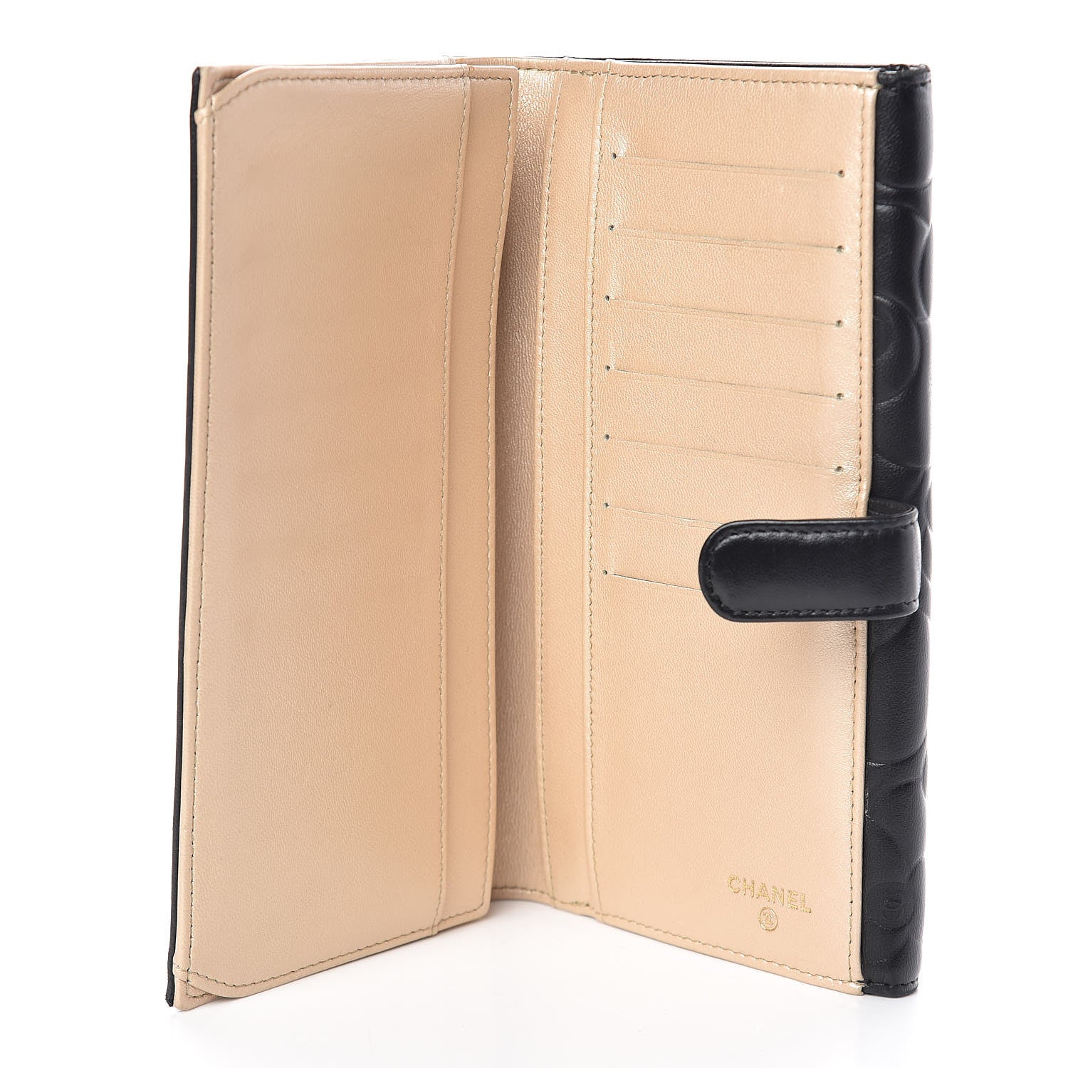 Chanel Lambskin Camellia Embossed Long Double Wallet Black 6 of 13