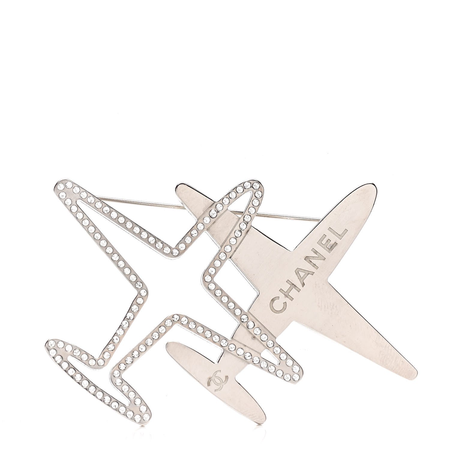 Chanel Crystal Metal CC Airplane Brooch Silver 1 of 4