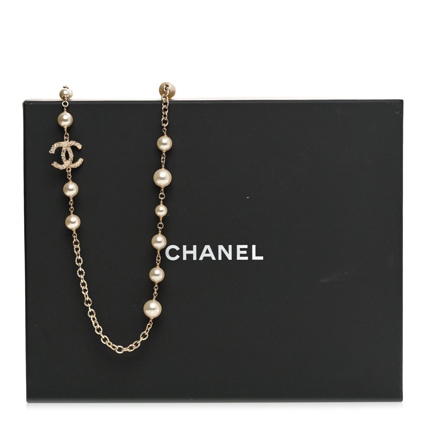Graduated Pearl Crystal Twisted CC Long Necklace Gold