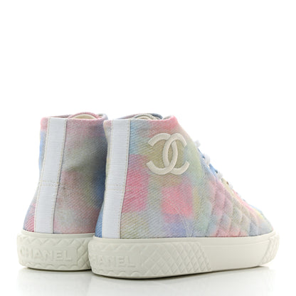 Chanel Printed Fabric Quilted High Top Sneakers 38 Green Pink Blue 4 of 9