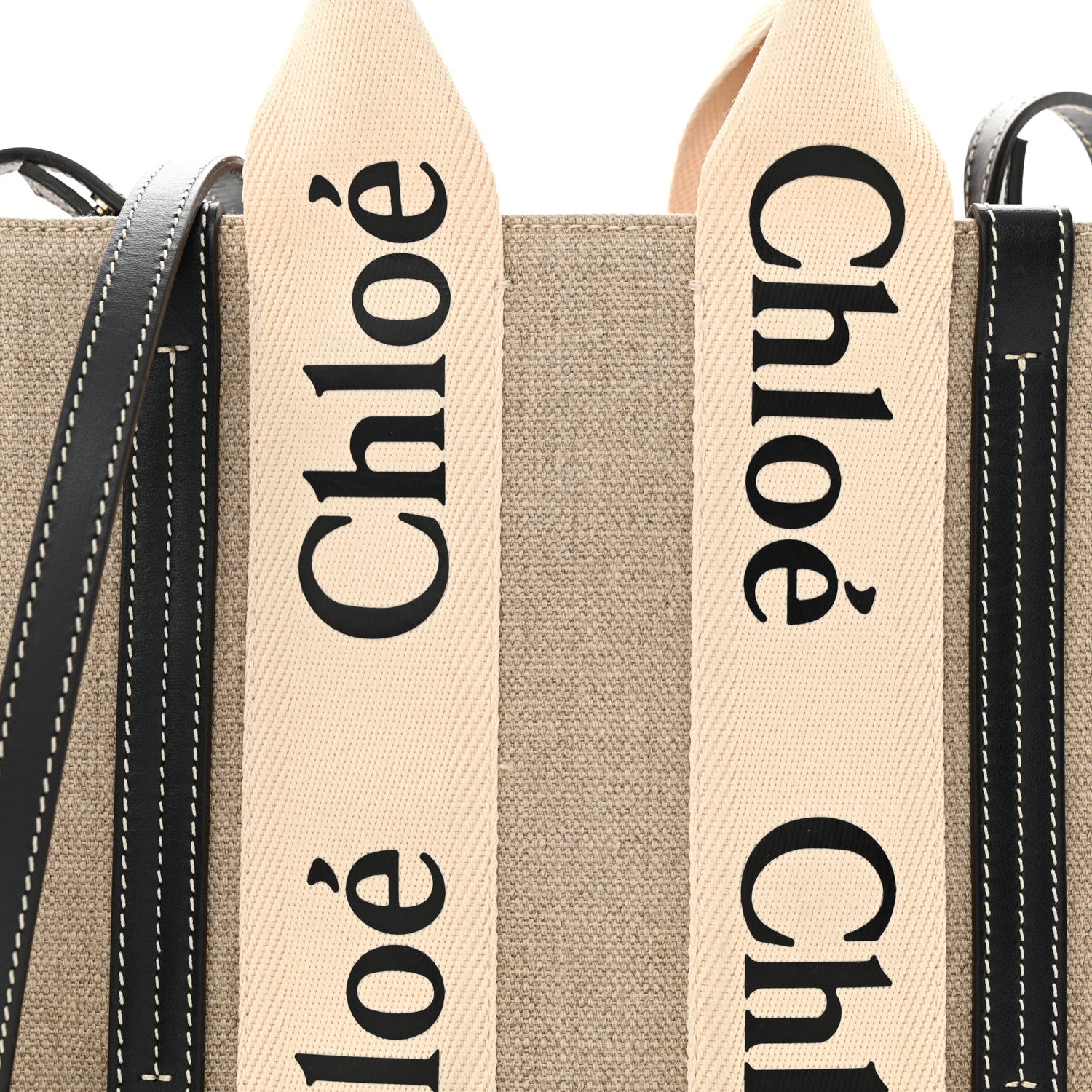 Chloe Linen Calfskin Small Woody Ribbon Tote White Black 9 of 11