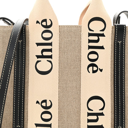 Chloe Linen Calfskin Small Woody Ribbon Tote White Black 9 of 11