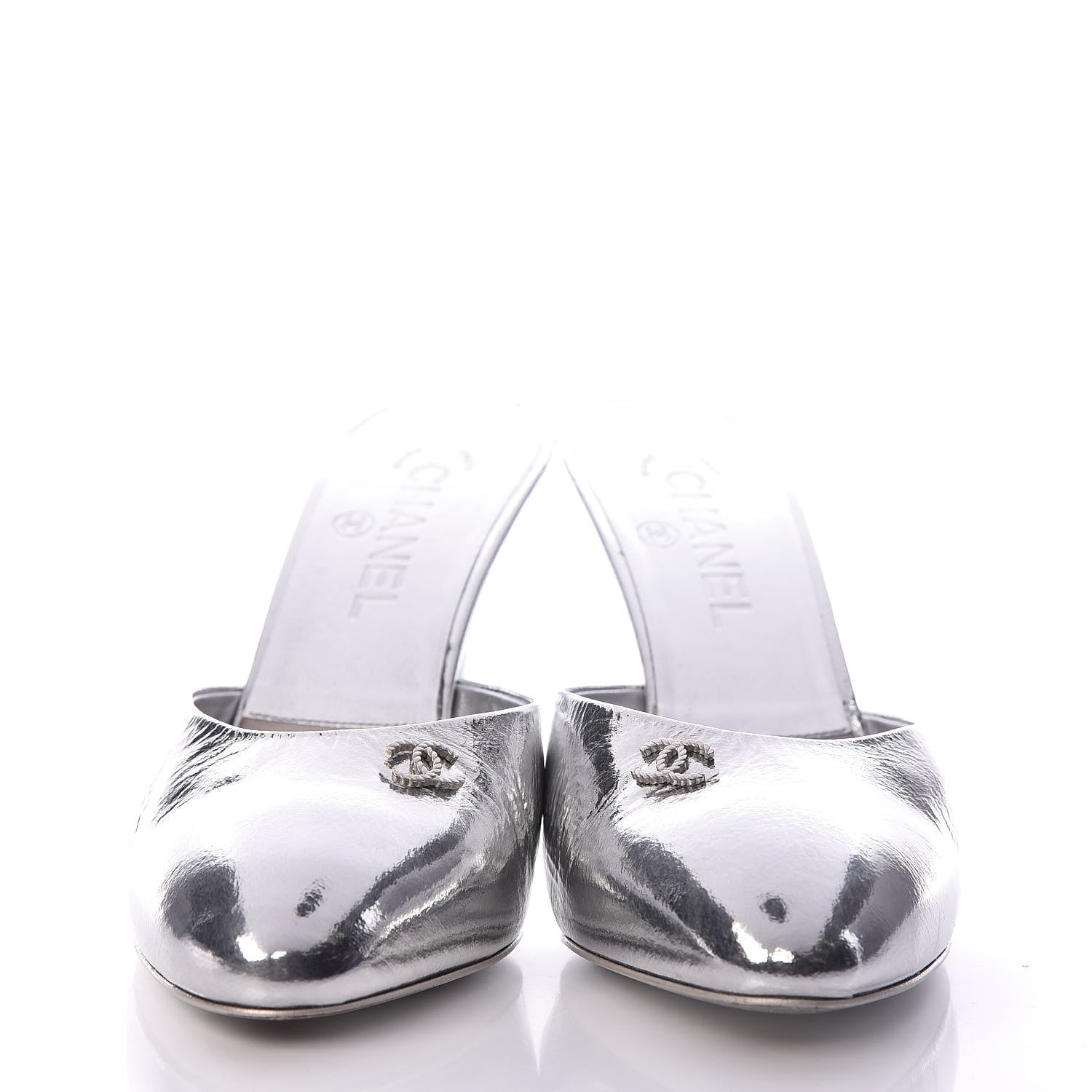 Chanel Metallic Goatskin CC Mules 38.5 Silver 2 of 13