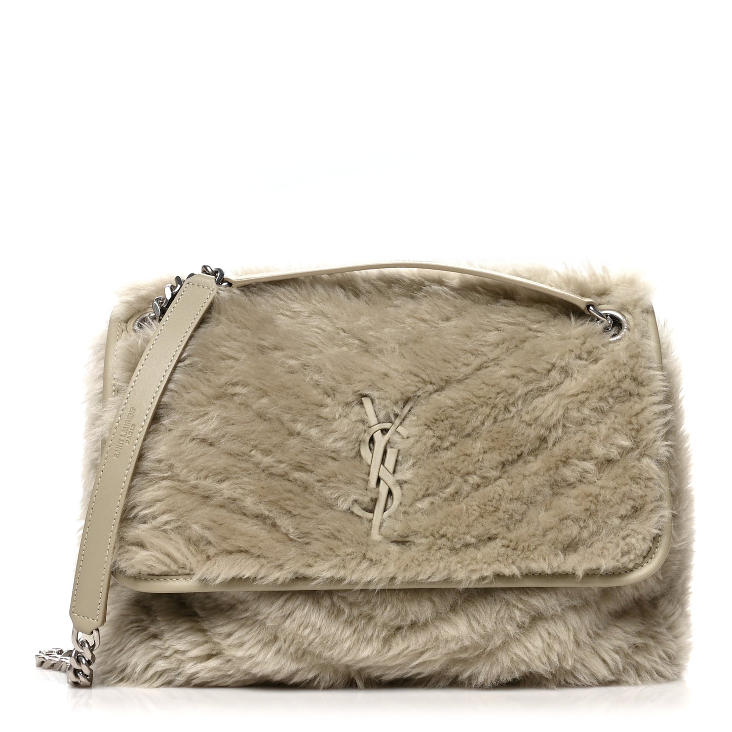 Calfskin Shearling Monogram Medium Niki Chain Satchel Grey