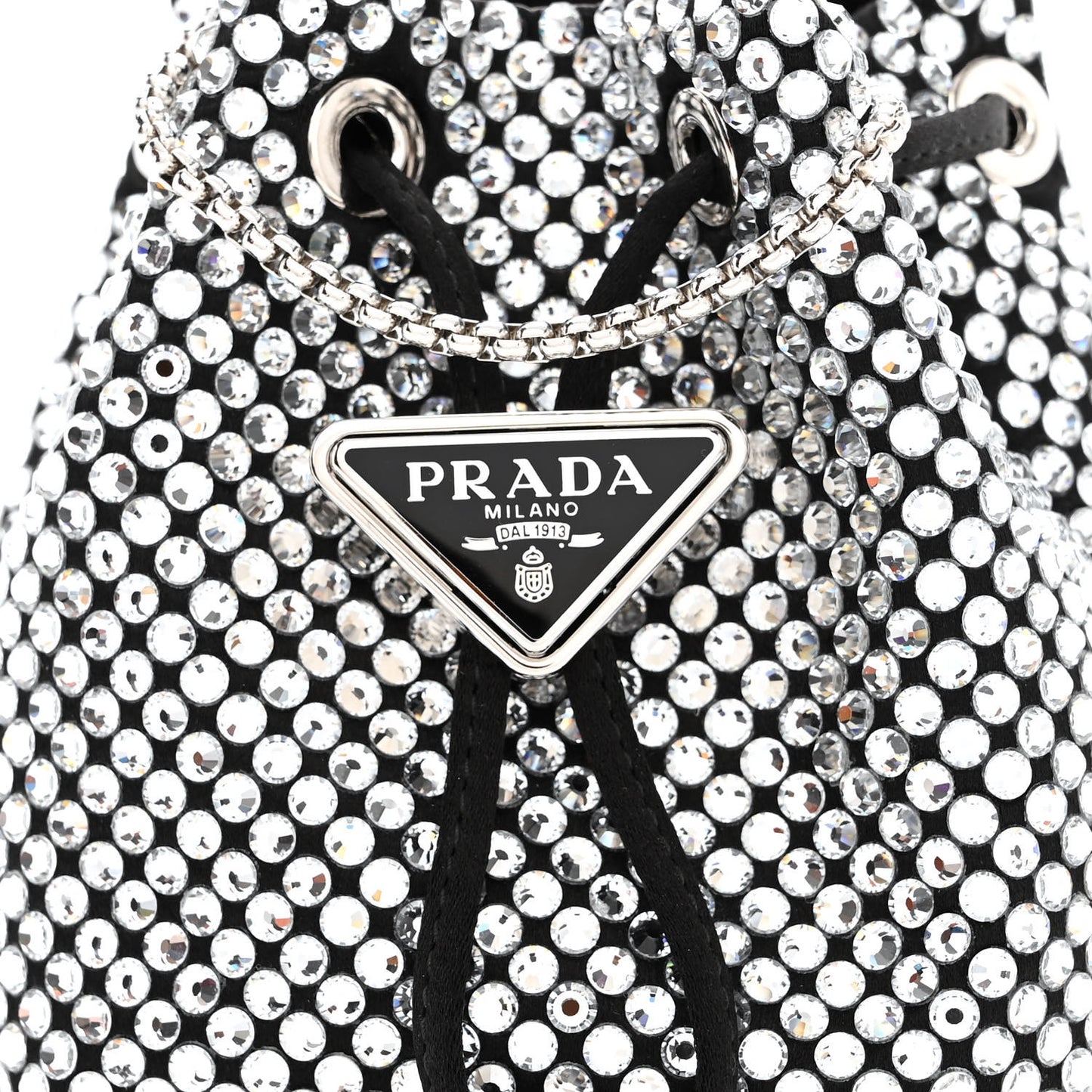 Satin Crystal Metal Triangle Logo Mini Drawcord Pouch Shoulder Bag Cristal