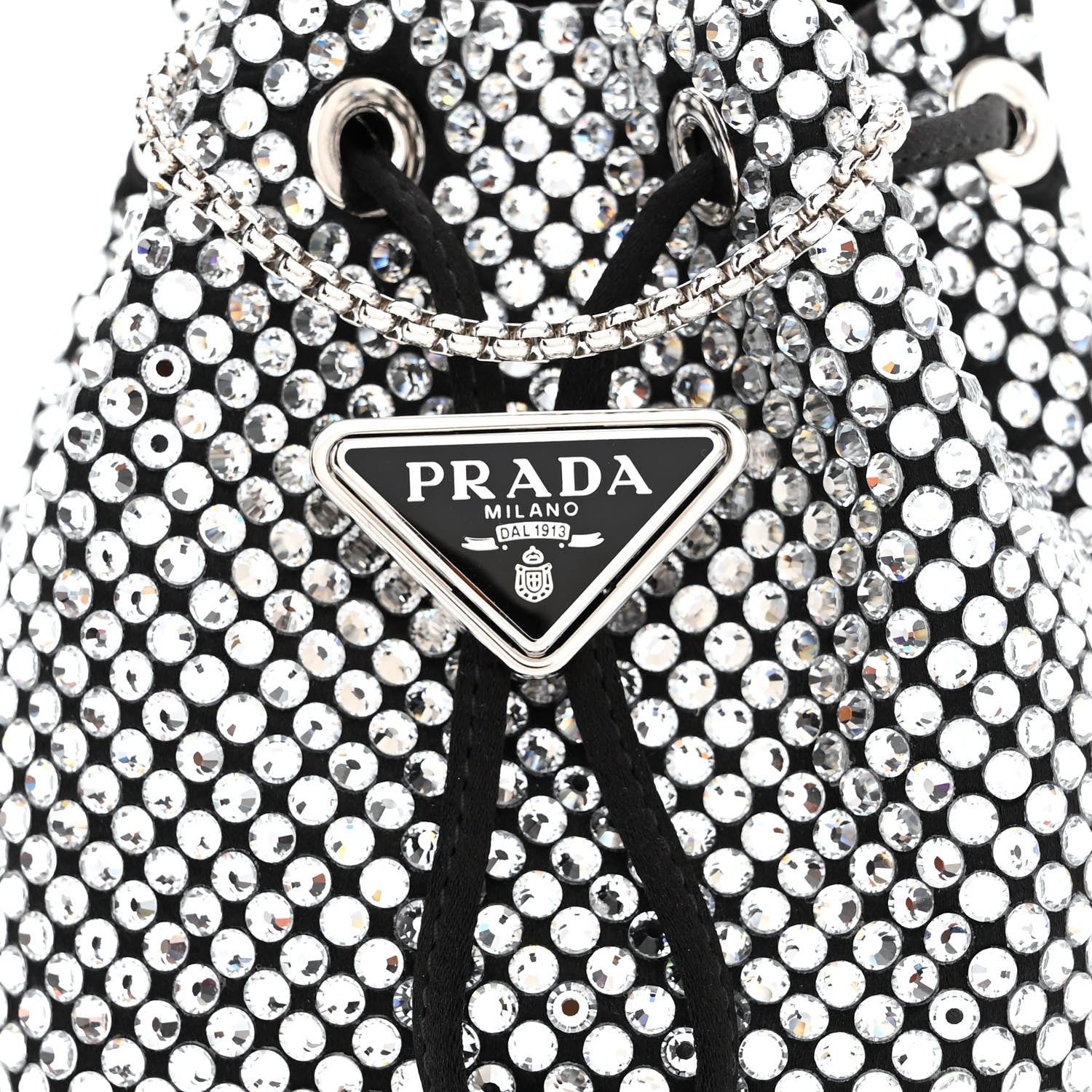 Prada Satin Crystal Metal Triangle Logo Mini Drawcord Pouch Shoulder Bag Cristal 9 of 12