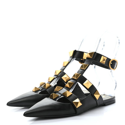Valentino Garavani Calfskin Roman Stud Ankle Strap Flat Mules 39.5 Black 3 of 10