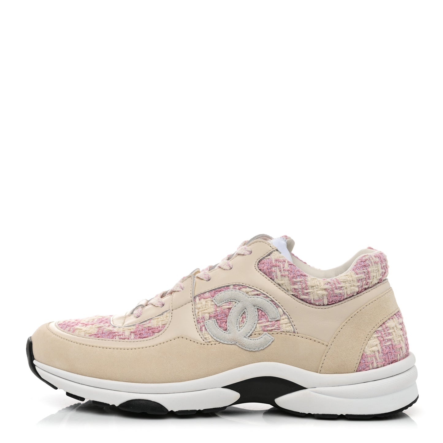 Tweed Suede Calfskin Womens CC Sneakers 39.5 Pink Ecru