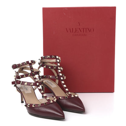 Valentino Garavani Pebbled Calfskin Rockstud Ankle Strap Low Heel Pumps 36 Rubin 9 of 9