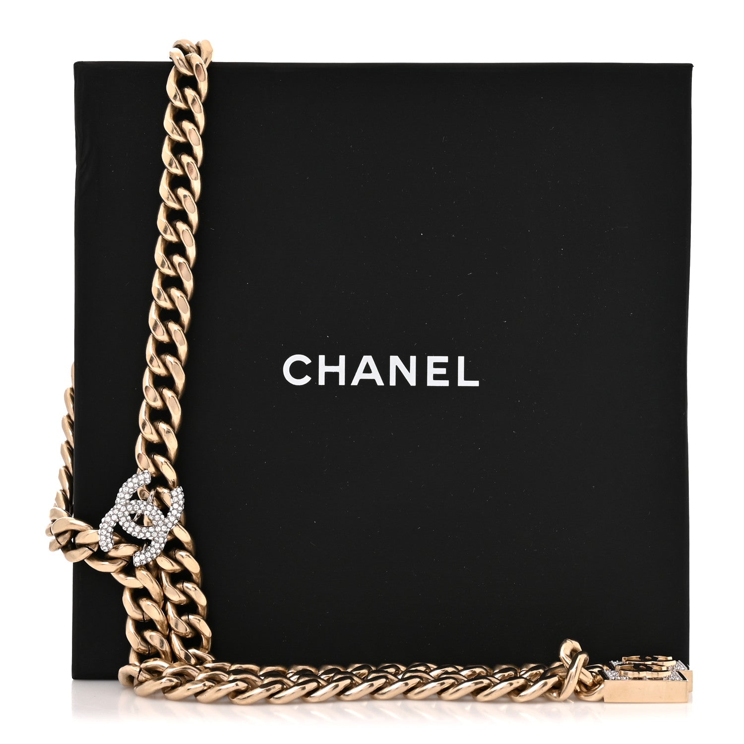 Chanel Chain Link Crystal CC Dog Tag Charm Necklace Gold 5 of 5