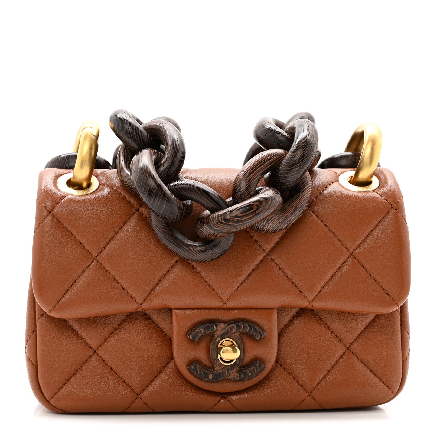 Lambskin Wenge Quilted Mini Fashion Wood Square Flap Light Brown