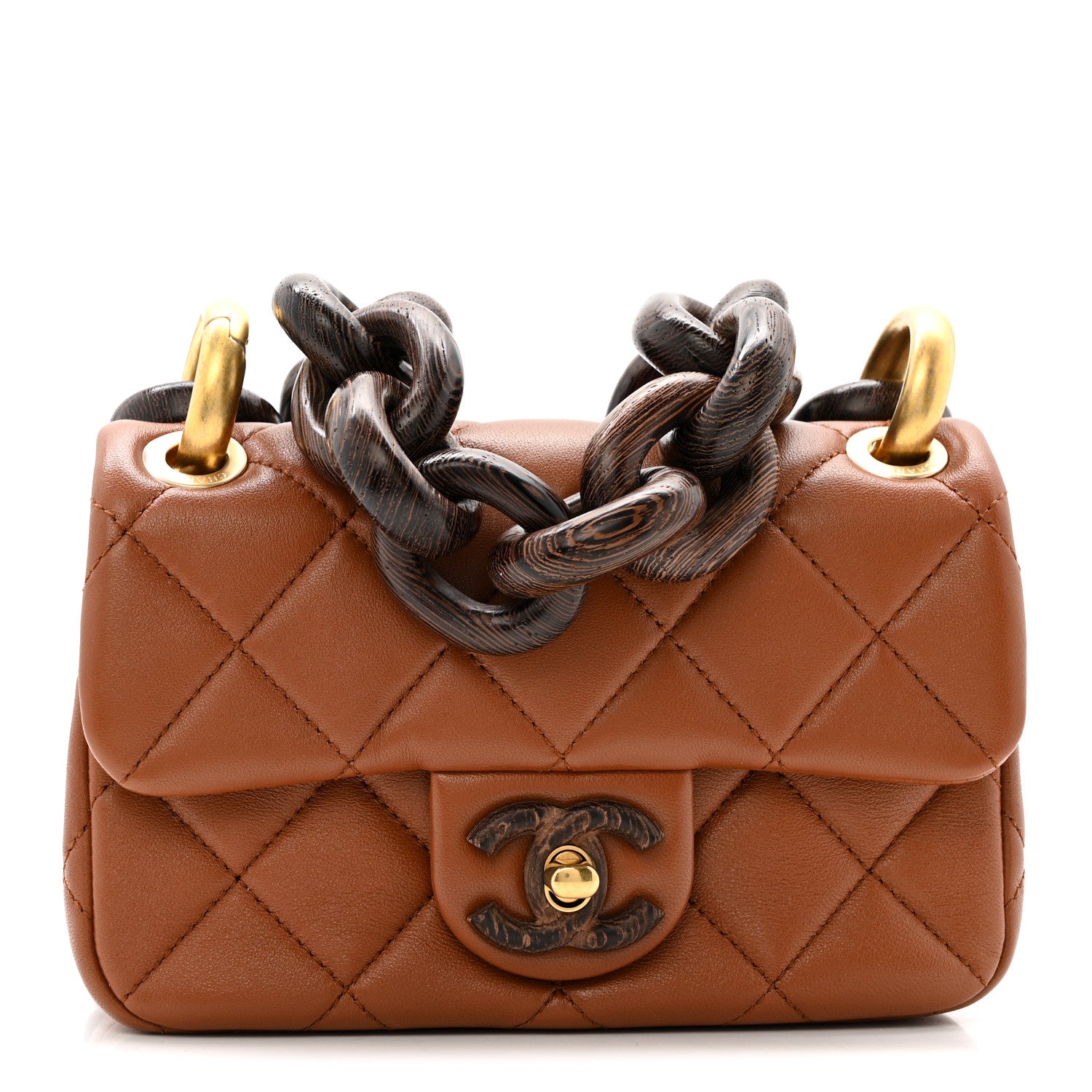 Chanel Lambskin Wenge Quilted Mini Fashion Wood Square Flap Light Brown 1 of 12