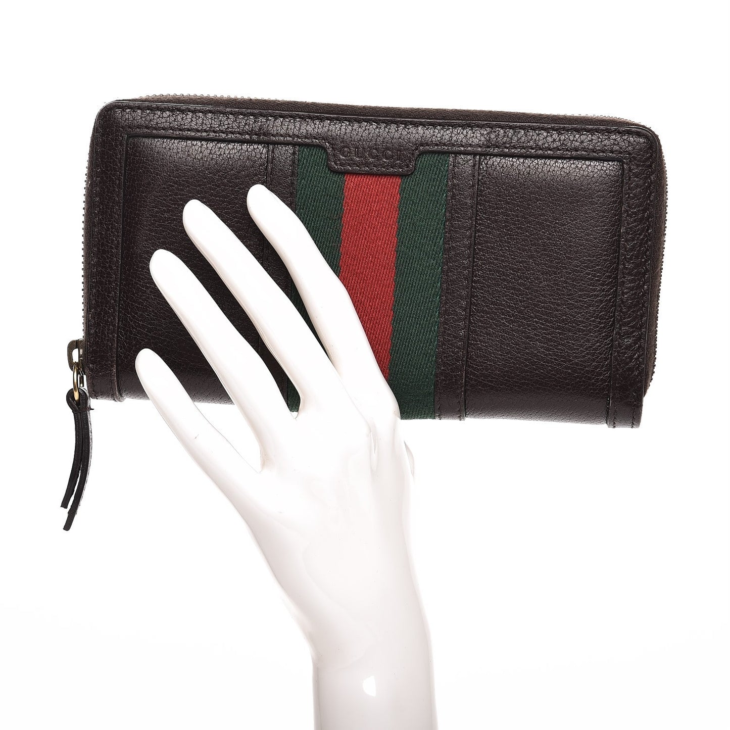 Calfskin Rania Web Zip Around Wallet Dark Brown