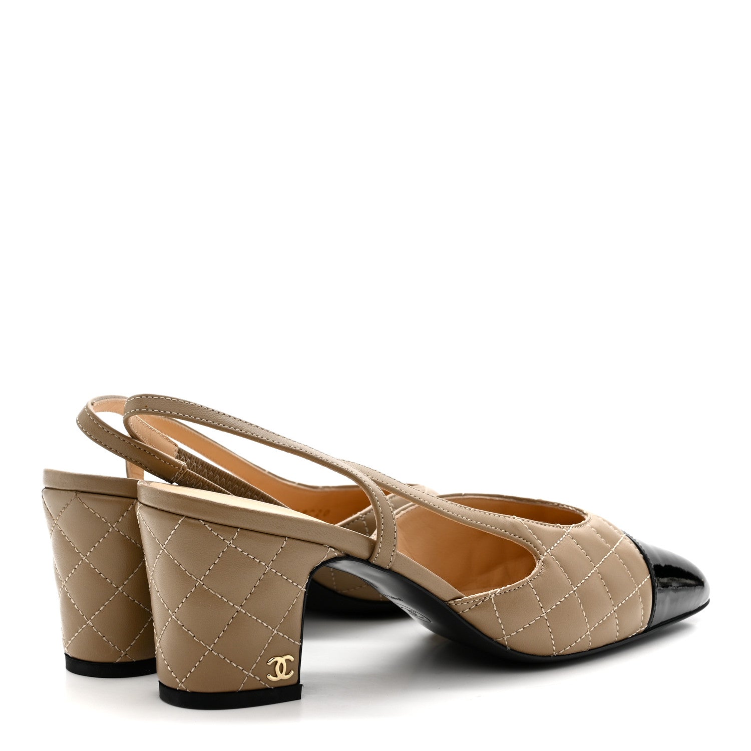 Chanel Lambskin Patent Calfskin Quilted Cap Toe CC Slingback Pumps 38 Beige Black 5 of 8