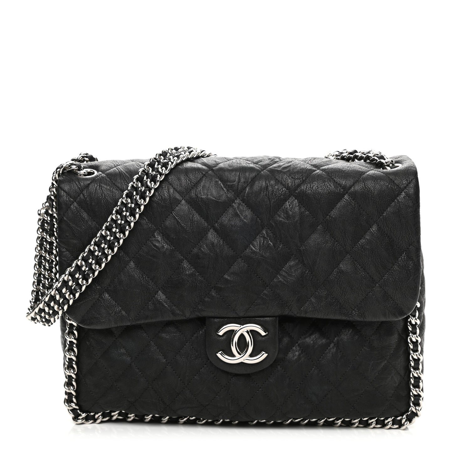 Washed Lambskin Quilted Maxi Chain Around Flap Black