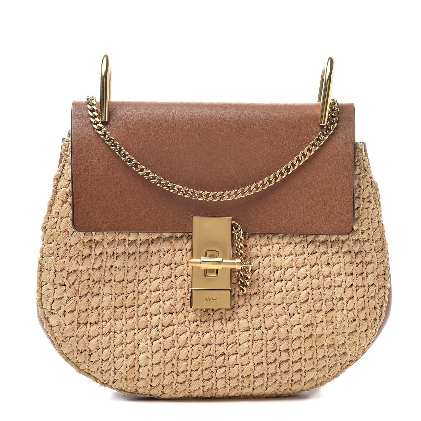 Calfskin Raffia Drew Chain Shoulder Bag Caramel