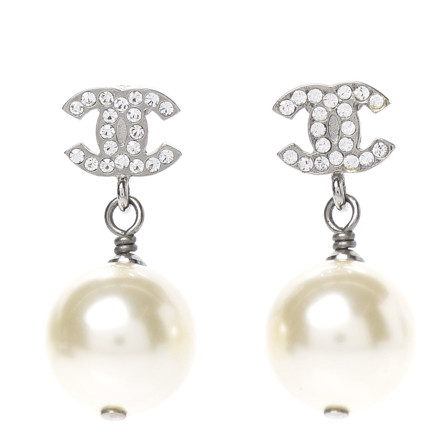 Crystal Pearl CC Drop Earrings Silver Pearly White