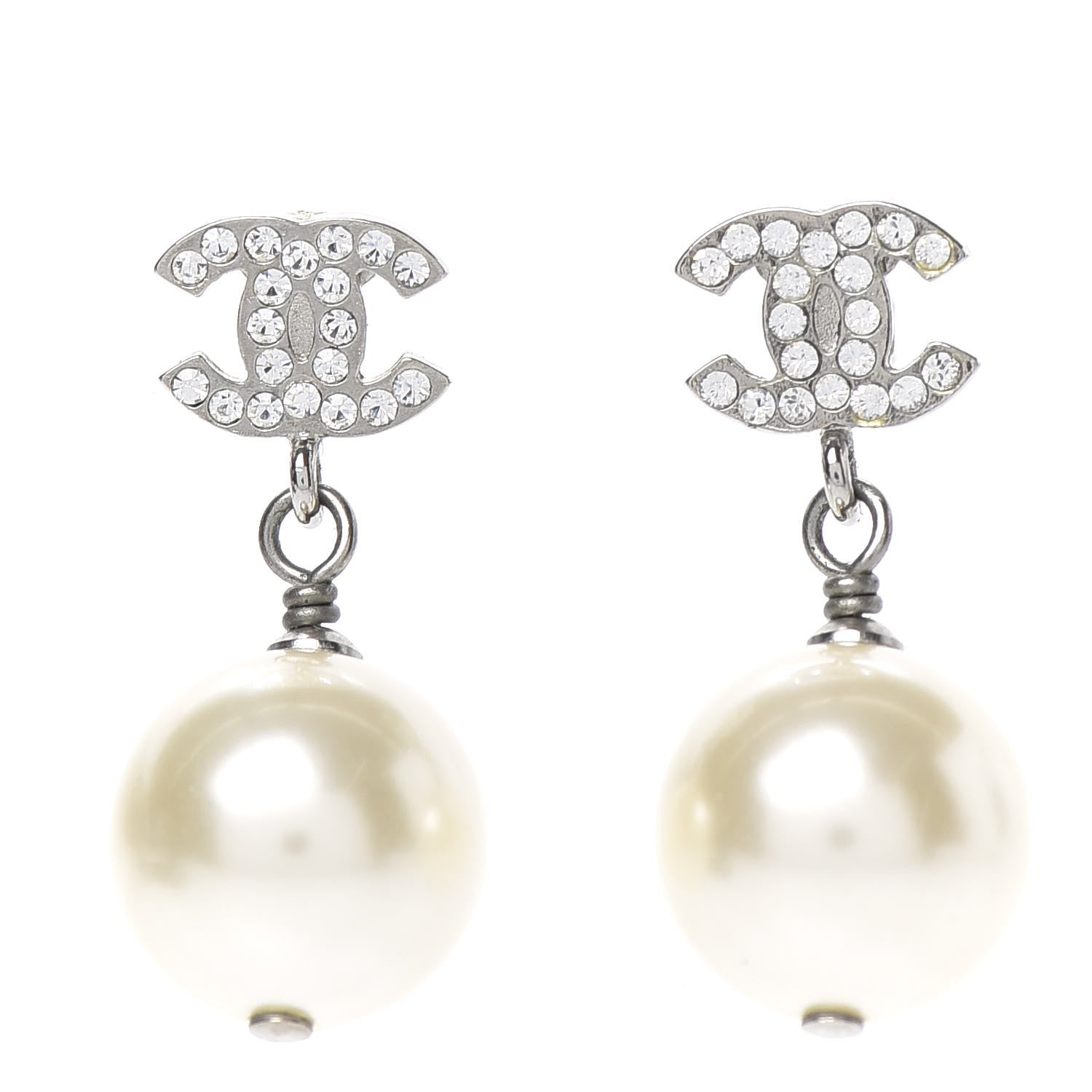 Chanel Crystal Pearl CC Drop Earrings Silver Pearly White 1 of 5