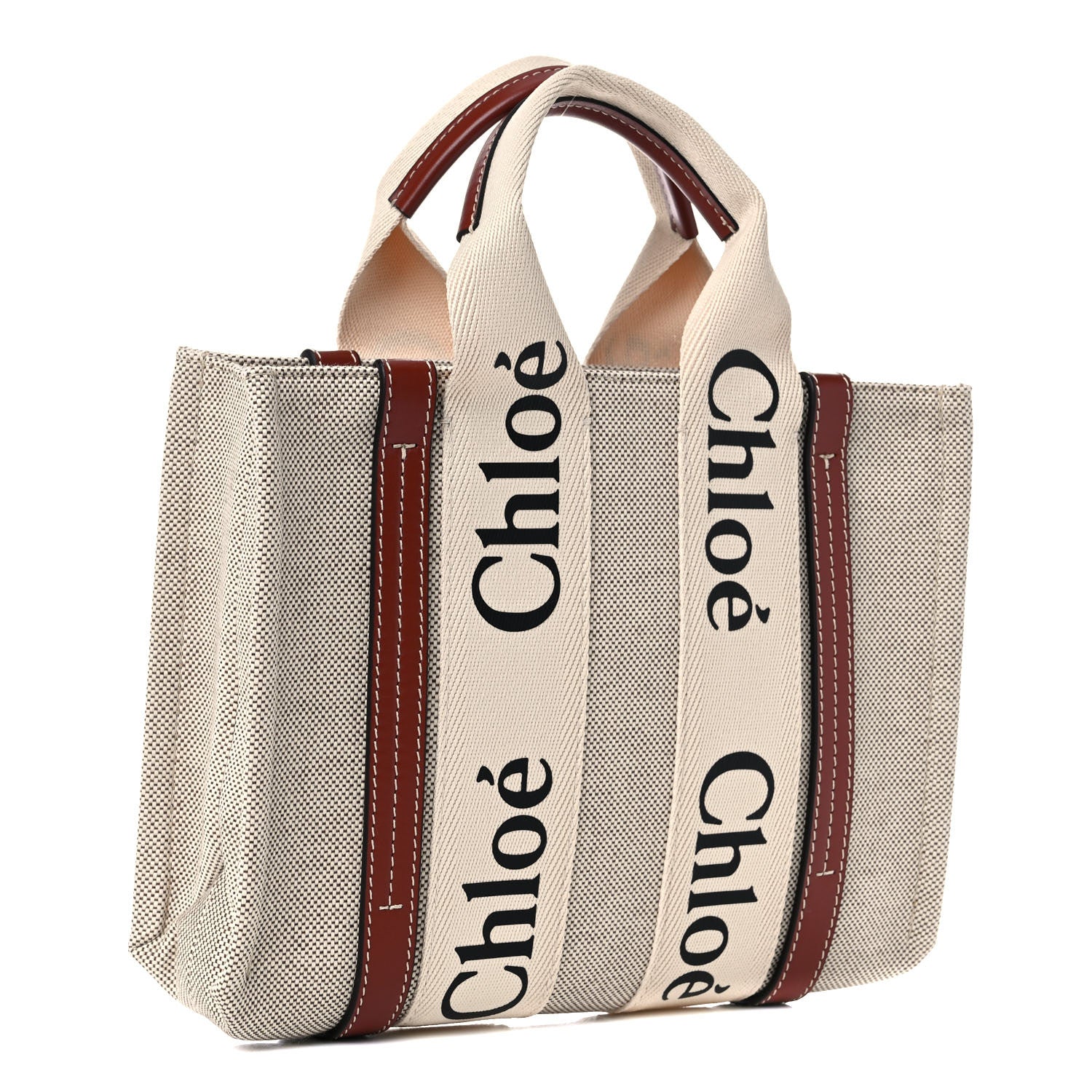 Chloe Cotton Calfskin Small Woody Ribbon Tote White Brown 3 of 9