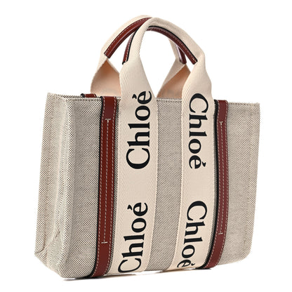 Chloe Cotton Calfskin Small Woody Ribbon Tote White Brown 3 of 9