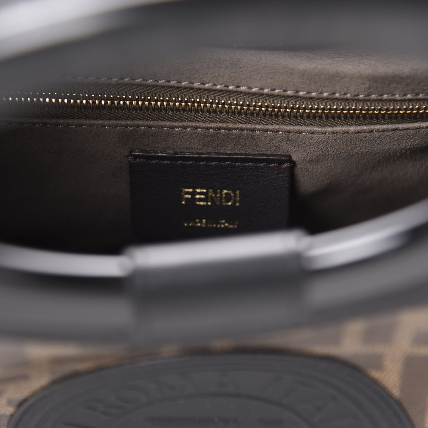 Fendi Glazed Fabric Vitello Century Plexiglass FF 1974 Stamp Patch Small Runaway Shopper Tote Mogano Panna Black 8 of 10