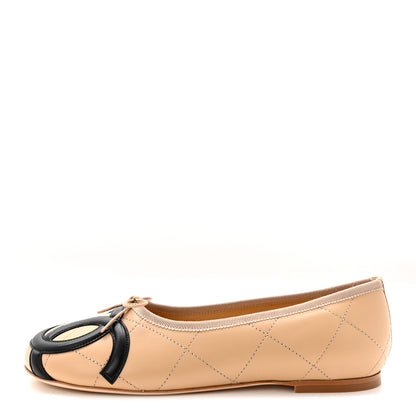 Chanel Lambskin Quilted CC Cambon Ballet Flats 38 Beige Black 1 of 10