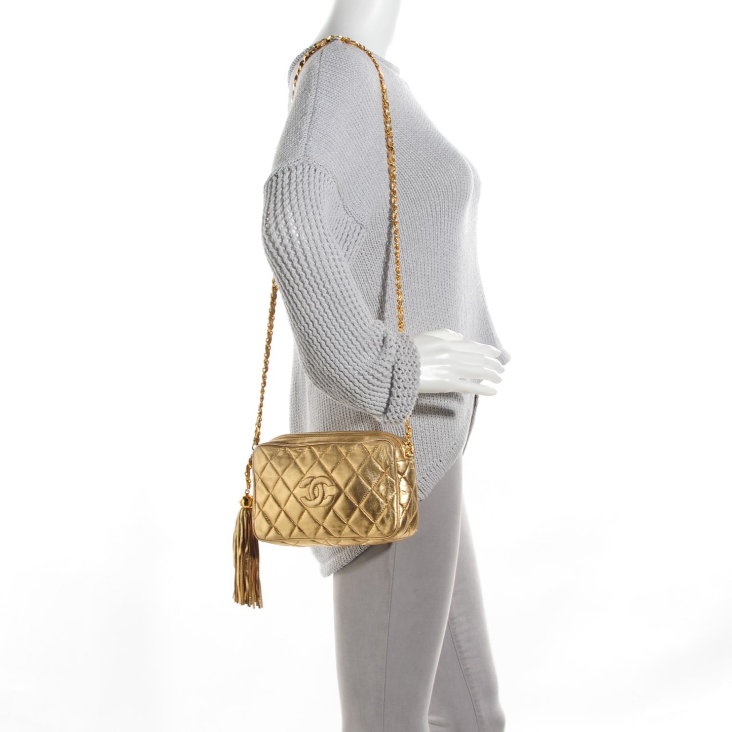 Metallic Lambskin Quilted Small Tassel Camera Case Gold