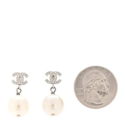 Chanel Crystal Pearl CC Drop Earrings Silver Pearly White 2 of 5
