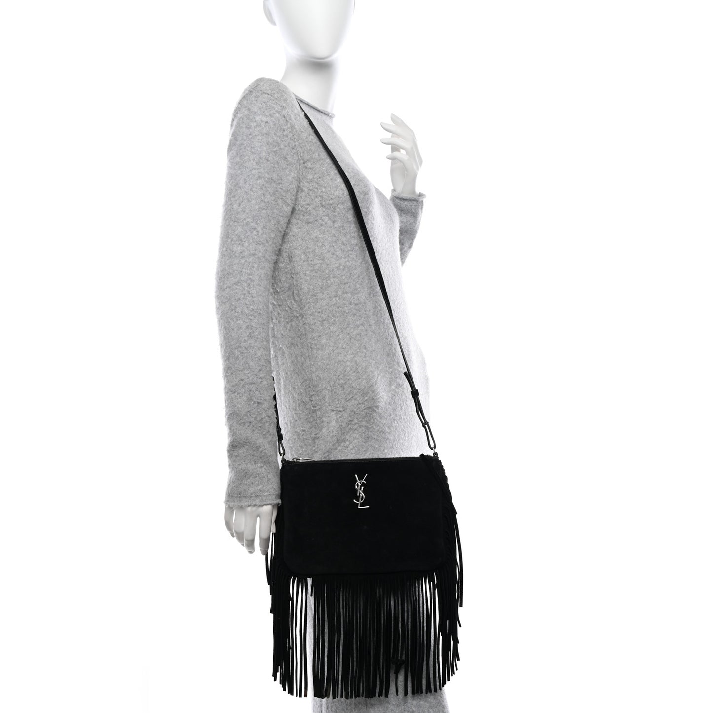 SAINT LAURENT Suede Calfskin Small Fringe Crossbody Bag Black