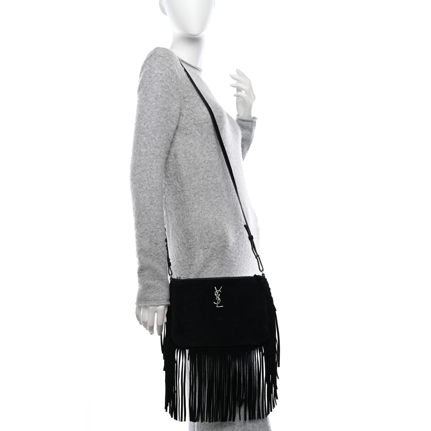 Saint Laurent SAINT LAURENT Suede Calfskin Small Fringe Crossbody Bag Black 2 of 15