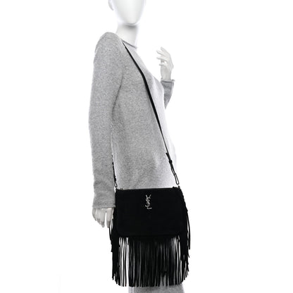 Saint Laurent SAINT LAURENT Suede Calfskin Small Fringe Crossbody Bag Black 2 of 15