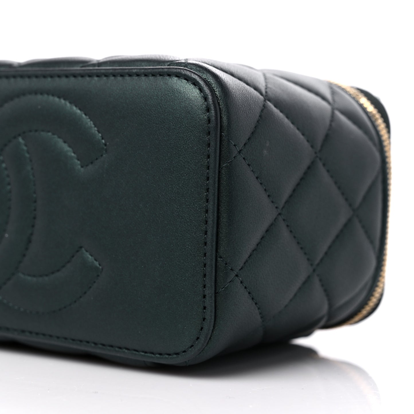 Iridescent Lambskin Quilted Small Top Handle Vanity Case With Chain Dark Green