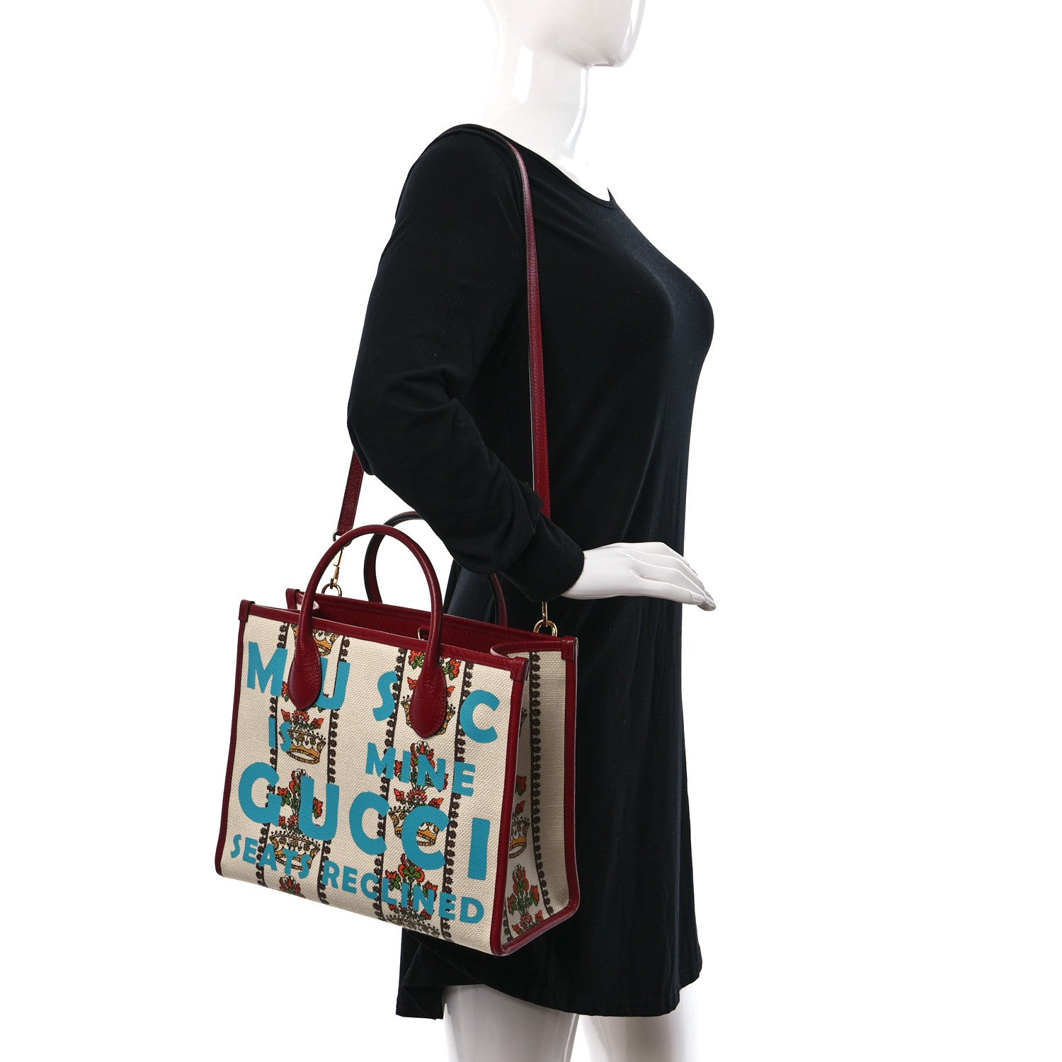 Gucci Canvas Jacquard Calfskin 100 Centennial Music Small Tote Bag Ivory Red 2 of 10