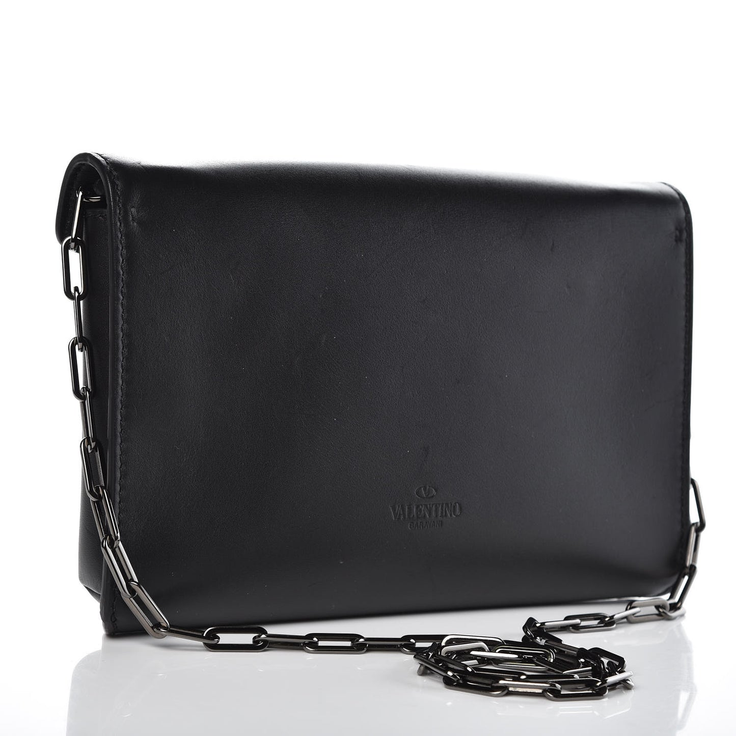 Calfskin V Rivet Chain Clutch Black