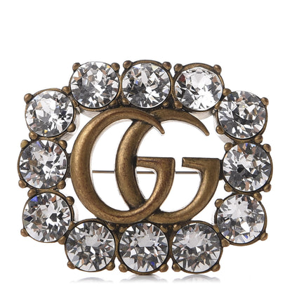 Gucci Metal Crystal Double G Brooch Aged Gold 1 of 6