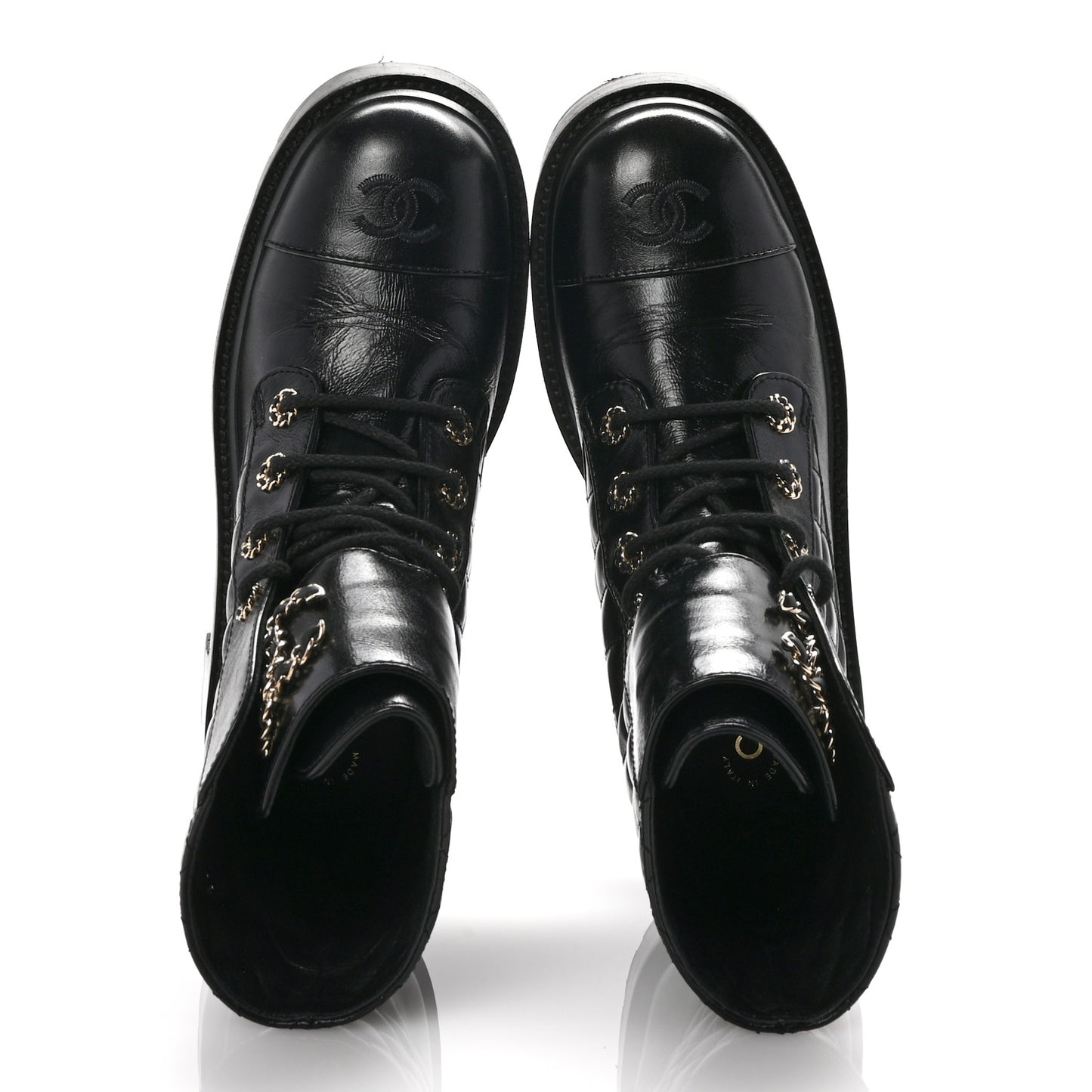 Shiny Calfskin Quilted Lace Up Combat Boots 40 Black