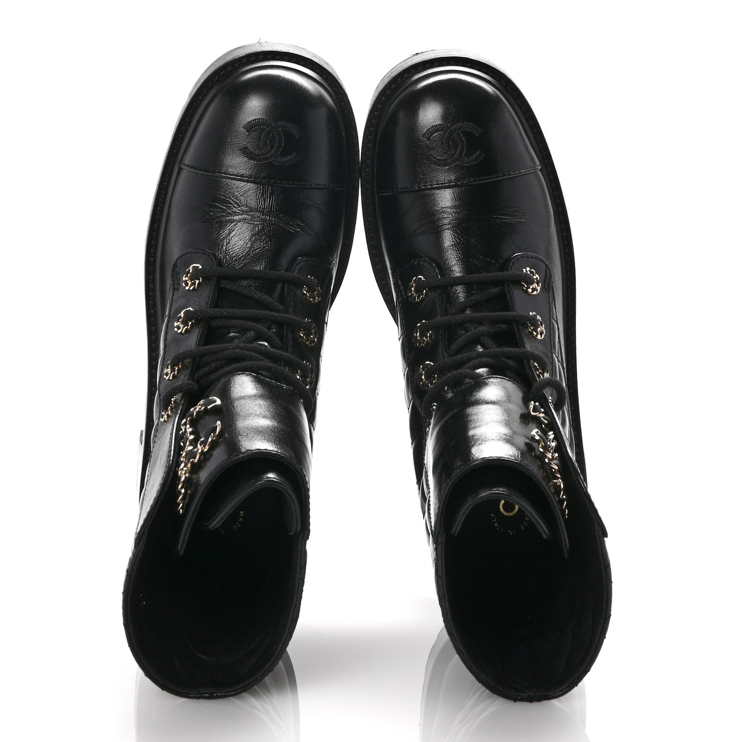 Chanel Shiny Calfskin Quilted Lace Up Combat Boots 40 Black 2 of 11