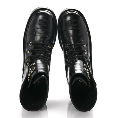 Chanel Shiny Calfskin Quilted Lace Up Combat Boots 40 Black 2 of 11