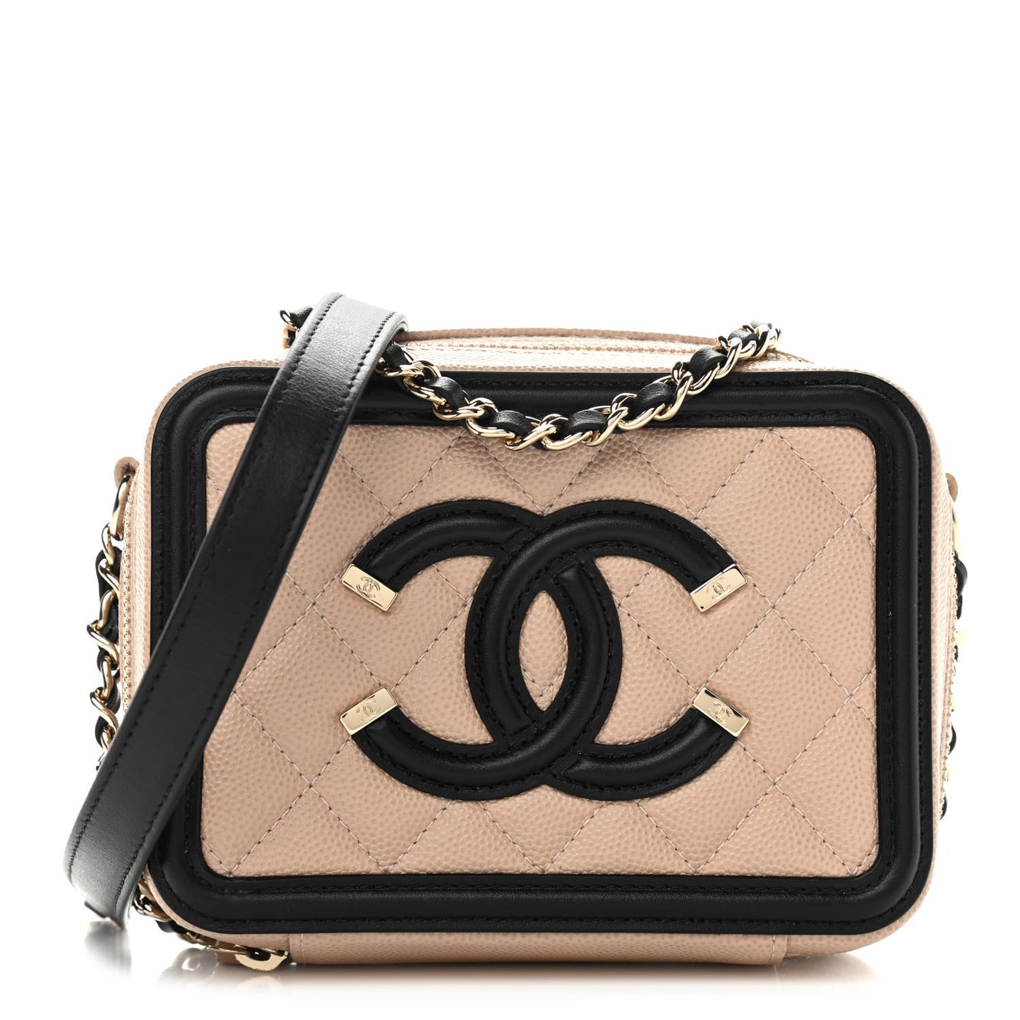 Caviar Quilted CC Filigree Vanity Clutch With Chain Beige Black