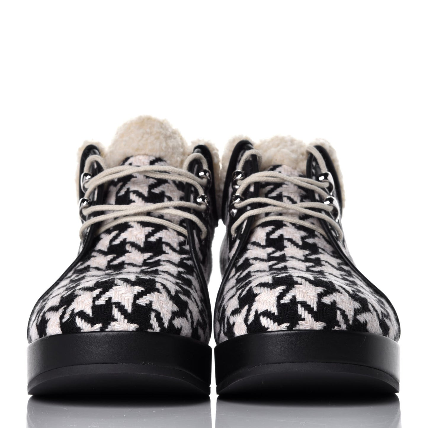 Optical Tweed Faux Shearling Houndstooth Victor Lace Up Ankle Boots 40 White Black